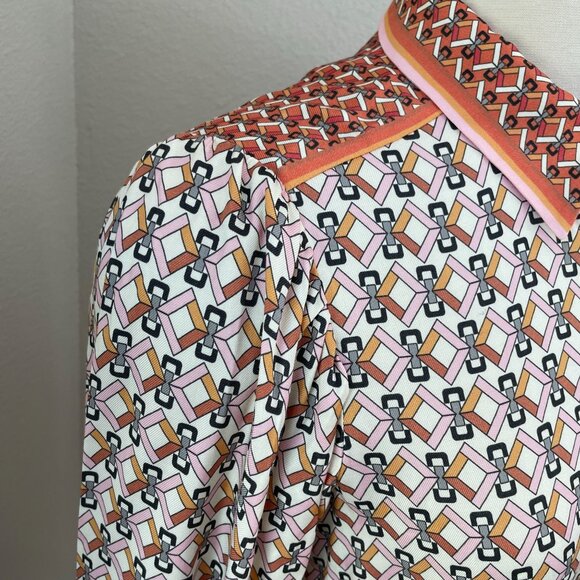 Hale Bob Womens Small Long Sleeve Button Up Blouse Geometric Orange White Shirt - Picture 9 of 13
